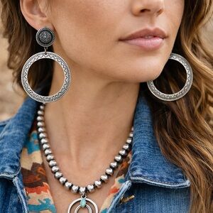 Chico’s Silver Stamped 3” Hoop Dangle Earrings Southwestern Boho